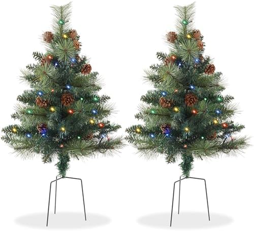 Casafield Set of 2-24" Outdoor Pathway Christmas Trees, Realistic Walkway Pre-Lit Holiday Decor with Pinecones and Multicolor LED Lights by Casafield