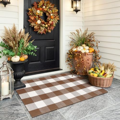 Uphome Bufflo Plaid Outdoor Rug 27.5"x43", Fall Decor Checkered Front Door Mat, Indoor Outdoor Farmhouse Cotton Porch Rug for Layered Door Mats, Washable Brown Area Rugs for Patio Entryway by Uphome