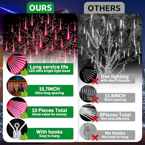LAMPHOME Pink Lights for Valentines Day Decor,Christmas Lights Outdoor12-inch LED Meteor Shower Icicle Lights, 10 Tubes 240 LED Shower Rain Waterproof Plug for Xmas Tree Yard House - Image 6