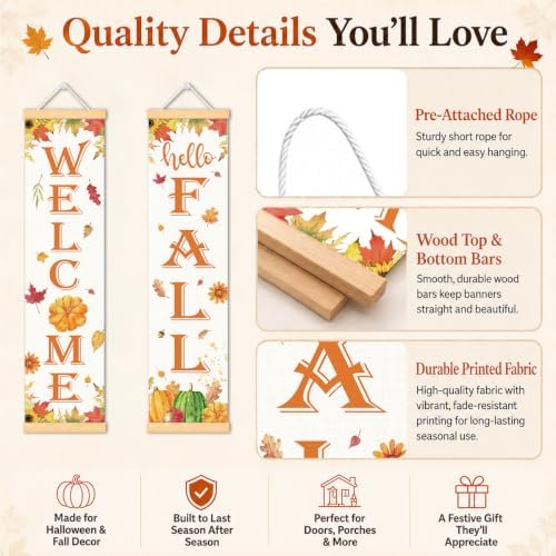 Welcome Fall Door Banner Set of 2, Watercolor Pumpkin Porch Wall Decor - Image 3