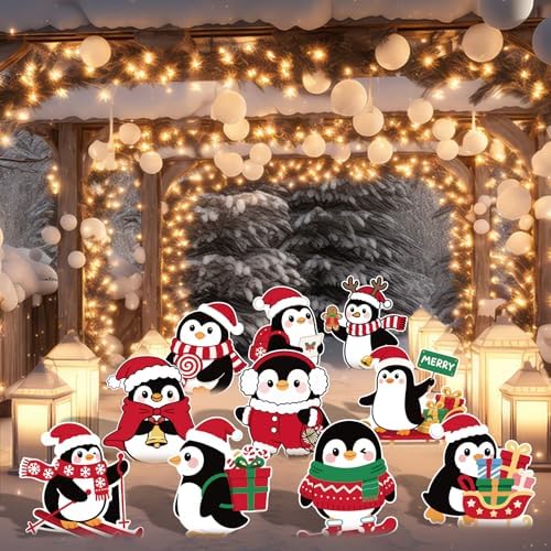 10-Piece Christmas Penguin Yard Signs with Stakes Decorations – 10 Assorted Designs 12 Inches Large Holiday Penguin Signs for Outdoor Garden and Lawn Winter Party Favor - Image 4