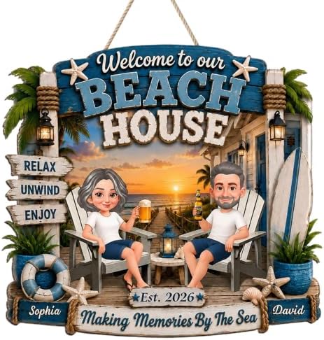Personalized Welcome To Our Beach House Wood Sign, Making Memories By The Sea Sign, Gift For Couple, Husband, Wife, Summer Porch, Patio, Bar Decoration by Unknown