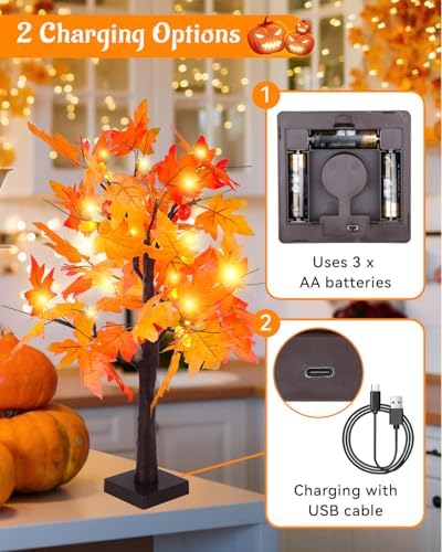 Fall Maple Tree Light 2 Pack, Fall Decorations USB & Battery Operated Light Up Artificial Pumpkins Maple Acorn Tree for Fall Halloween Thanksgiving Table Harvest Home Indoor Decoration - Image 4