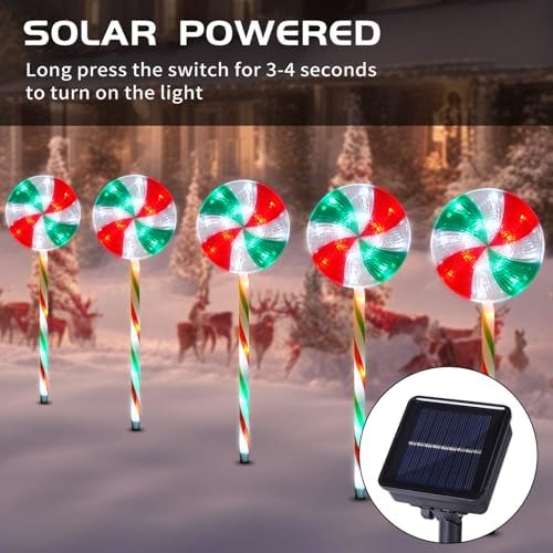 BRIGHTDECK Lollipop Solar Christmas Pathway Lights Outdoor, LED Christmas Decor with 8 Lighting Modes, Light Up Solar Stake Lights for Holiday, Xmas (Red Green White, 10Pack) - Image 6