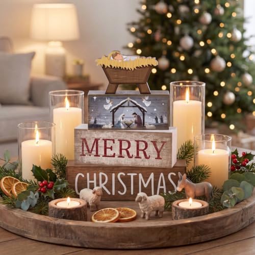 Lineshading 4 Pcs Nativity Christmas Wooden Block Signs Farmhouse Decor - Image 3