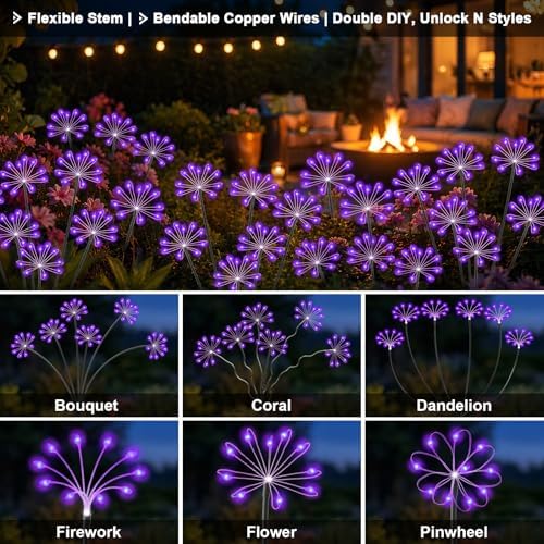 Solar Garden Lights Outdoor, Upgraded Solar Swaying Starburst Light Waterproof with 2 Modes, Solar Fairy Firework Lights for Yard Patio Pathway Flowerbed Balcony Garden Decoration (Purple, 2 Pack) - Image 5