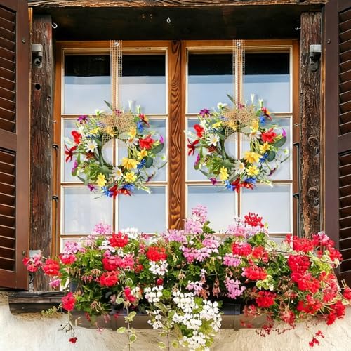 4 PCS 9'' Mini Floral Kitchen Cabinet Wreath Small Artificial Spring Summer Wreath for Front Door with Burlap Ribbon Sunflowers Daisy Butterfly Hanging Farmhouse Wreaths for Porch Wall Window Decor - Image 6