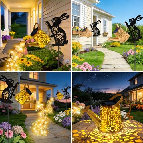 Solar Watering Can Lights, 2 Pack Bunny Hanging Lantern Solar Lights Outdoor, Rabbits Lover Gifts for Mom Women Birthday Mother's Day, Waterproof Garden Decor Outside Patio Yard Pathway Backyard - Image 4