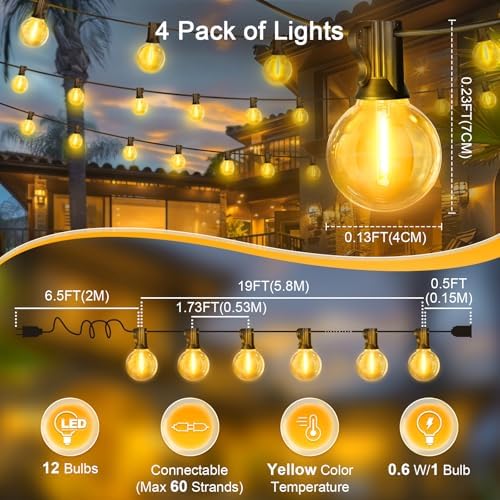 LAMPHOME 4 Pack LED Outdoor String Lights, 26FT Yellow Patio Lights with 12+1 Edison Shatterproof Bulbs,Waterproof Connectable Dimmable Outside Hanging Lights for Backyard Porch Garden Party Decor - Image 7
