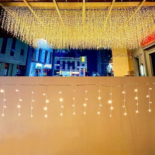LED Ceiling Icicle Lights, 16.4FT 112 LEDs 8 Modes Twinkle Christmas Hanging Fairy String Horizontal Curtain Lights for Parties Mall Patio Yard Indoor Outdoor Decoration Warm White, 5M04 by LOFTOLMEA