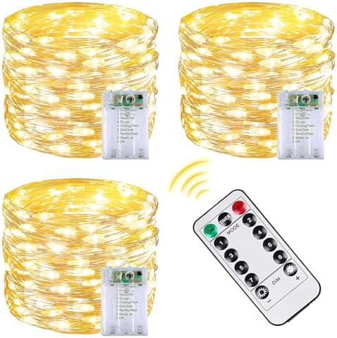 3 Pack 60 LED Fairy Lights Battery Operated with Remote, 20 FT Warm White by BOSSERN