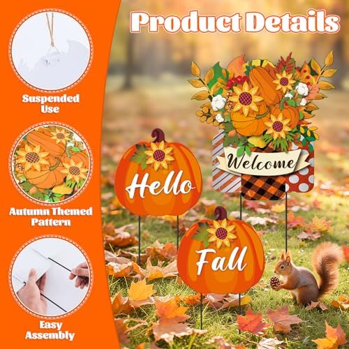 3 Pcs Metal Pumpkin Yard Stakes with Welcome Sign Hello Fall Pumpkin Yard Signs Hanging Wall Decor Farmhouse Decorative Garden Stakes for Autumn Harvest Thanksgiving Outdoor Walkway Decor - Image 3