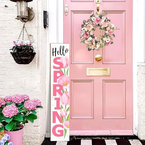 Hello Spring Porch Sign Tulip Wooden Welcome Sign Vertical Spring Hanging Signs For Standing Front Porch Decor Rustic Wall Decor Home Farmhouse Yard Door Spring Decorations 47.2"H - Image 6