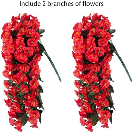 Artificial Fake Hanging Flowers Plants for Outdoor Outside Spring Summer Decoration, 2PCS Faux Silk Red Morning Glory UV Resistant Look Real Trailing Vines for Home Wedding Party Garden Patio Porch - Image 4