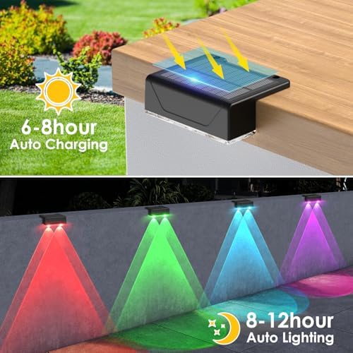 Solar Fence Lights Outdoor - Warm White & RGB 6 Color, Dusk to Dawn Deck Light, IP55 Waterproof Garden Lights for Outside/Backyard/Railing/Step/Patio/Wall (2PK) - Image 4