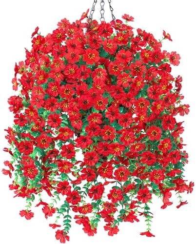 HyeFlora Artificial Hanging Flowers Basket for Outdoor, Fake Flowers Faux Plants Look Real for Yard Gardens Porch Patio Home (Red) by HyeFloraartificialflowers