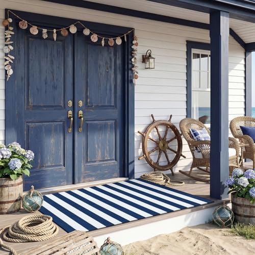Duraaamo Nautical Navy White Stripe Rug 3' X 5' for Larger Doorway Decor - Image 2