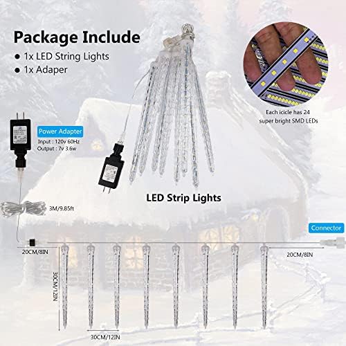 WATERGLIDE Meteor Shower Lights, 12" Outdoor Icicle Christmas Lights 8 Icicles 192 SMD LED Crystal Ice Falling Light, Connectable Raindrop Iciclelight, Xmas Winter Party Tree Holiday Decor, White - Image 4