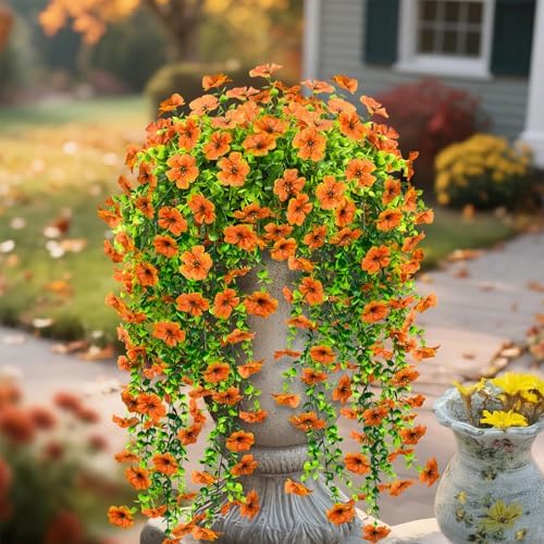 LikSoor 4 Pcs Artificial Outdoor Hanging Plants Fall Decoration UV Resistant Faux Silk Flowers for Outside, Garden, Porch, Window, Home Decor(Orange) by LikSoor