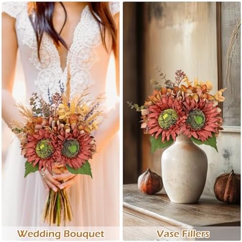 Silk Sunflowers Artificial Flowers with Mason Jar Centerpiece for Table Orange Red Fall Flowers in Vase Fall Floral Arrangement with Vase Thanksgiving Centerpiece for Dining Room Table Autumn Decor - Image 7