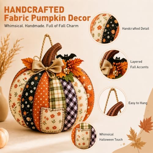 Autumn Retro Patchwork Pumpkin Door Hanging with Lights，J - Image 2