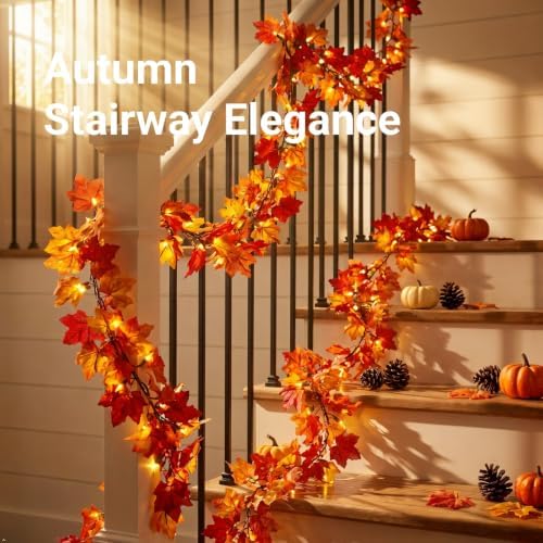 Brillarlights Autumn Garland Fall Decorations for Home, 11FT Fall Decor Lighted Garland with Lights, 50 Lighted Fall Leaf Garland Plug in, Connectable Fall Garland for Mantle Stairs Decor - Image 3