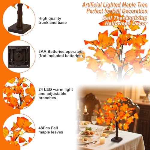 Artificial Fall Lighted Maple Tree 24 LED Thanksgiving Decorations Table Lights Battery Operated for Wedding Party Gifts Indoor Outdoor Autumn Harvest Home Decor - Image 2