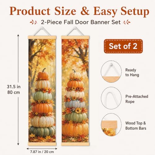 Autumn Pumpkin Door Banner Set of 2, Fall Porch Wall Hanging Decor for Home - Image 2