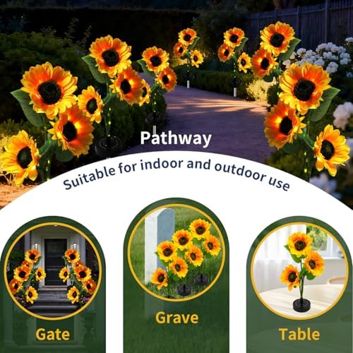 Sunflower Solar Flowers Lights - Solar Garden Lights Outdoor Waterproof, 40 Hour Solar Powered Outside Decor Decoration for Yard Patio Pathway Lawn, Birthday Gifts for Mom, 2pcs - Image 4