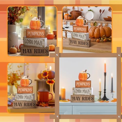 Lineshading 4 Pcs Fall Tiered Tray Decor, Wooden Pumpkin Farmhouse Signs - Image 4