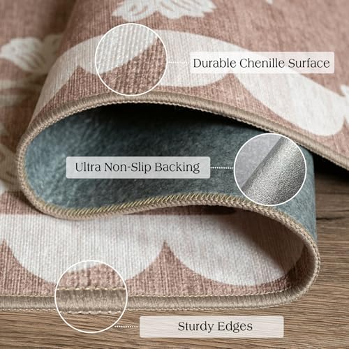 3x3 Square Entryway Rug - Non-Slip Washable Front Door Mat Indoor Outside Entrance Small Porch Rug Tan Neutral Floral Scalloped Throw Rugs for Entryway Kitchen Bedroom Office Front Porch Decor - Image 3