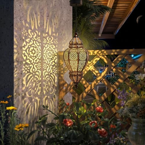 Hapjoy Moroccan Hanging Solar Lights Outdoor Lantern Bidirectional Availabili Garden Decor Waterproof Plastic Gold Decorations for Patio Pathway Yard Backyard Solar Powered Garden Decorative (2, gold) - Image 2