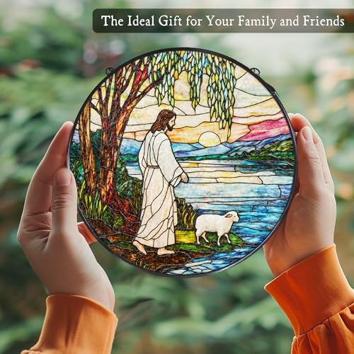 Jesus and Lamb Stained Glass Window Hanging Suncatcher, Christian Willow Tree Sun Catcher Indoor Window Decor, Religious Painted Glass Round Wall Hanging Decorations, 7.8x7.8 in - Image 5