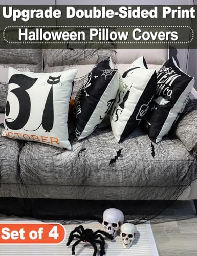 Halloween Decorations Set Of 4 Double-Sided Print Pillow Covers 18" x 18", with 8 Cute Halloween Decor Patterns, Elegant Invisible Zipper, Soft Linen Throw Pillow Covers for Outdoor & Indoor Use - Image 2