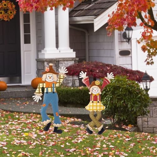 Glitzhome Fall Outdoor Decorations,Fall Thanksgiving Metal Scarecrow Garden Stakes,36"H Cheerful Scarecrows Yard Signs,Fall Scarecrow Yard Stakes for Patio Pathway Autumn Harvest Decorations, Set of 2 - Image 4