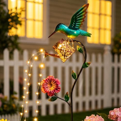 Hummingbird Solar Lights Outdoor Waterproof, 36 Inch Garden Decor with Watering Can Lights, Birthday Gifts for Women, Hummingbird Hanging Lantern Outdoor Decoration for Outside Yard Patio Porch Lawn by HONGLAND