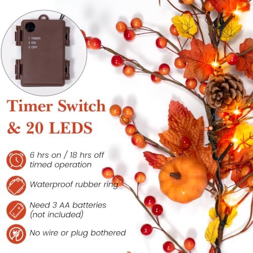 6 FT Fall Garland with 20 Lights & Timer, Pre-lit Lighted Fall Leaves Garland with Pumpkins Pine Cones Berries, Battery Operated Autumn Berry Garland Decor for Mantle Table Fireplace Thanksgiving - Image 3
