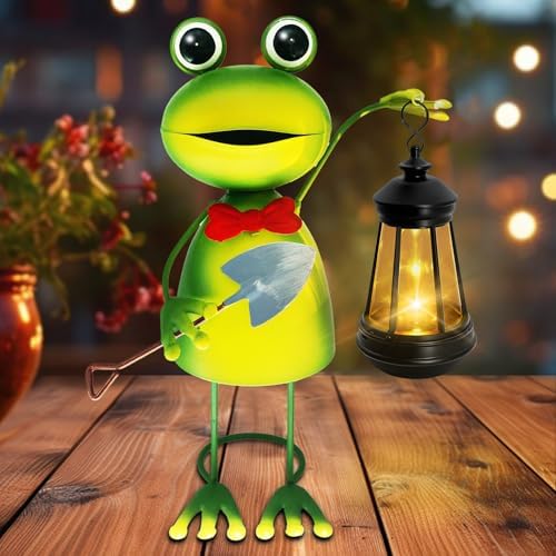 Solar Garden Lights Frog Statue with Solar Lantern,13.78in Tall Frog Decor by yulloyello