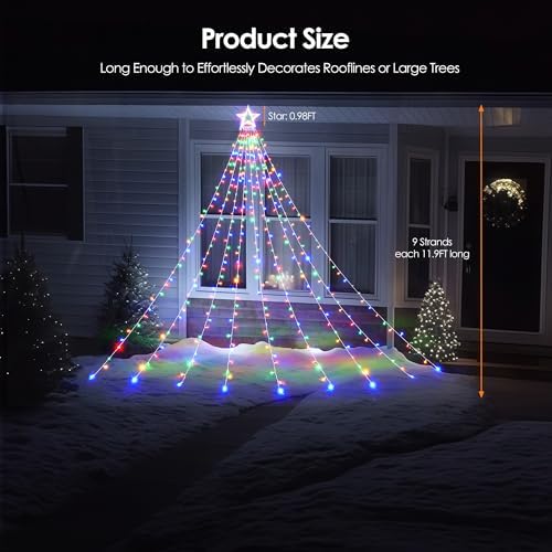 WBao Outdoor Christmas Decorations with 12" Star Topper, 344 LED 11.9ft Waterfall Christmas Lights with Remote Control, 8 Modes, 3 Timers, UL Listed, Waterproof for Tree Roof Porch Decor, Multicolor - Image 4