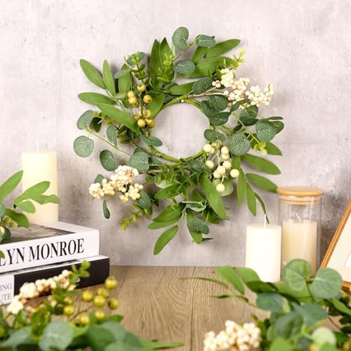 6 Pcs Green Eucalyptus Swag Wreaths for Pillars Spring Summer Kitchen Cabinet Wreaths Mini Green Berry Leaves Wreath with Ribbon for Front Door Porch Wall Window Farmhouse Decoration - Image 2
