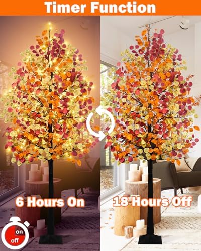 Agusbagli 7FT 128LED Artificial Lighted Fall Eucalyptus Tree, Fall Decorations for Home with Timer Dimmable 8 Modes Fall Light Up Tree with 768 Leaves for Indoor Outdoor Autumn Thanksgiving Decor - Image 4