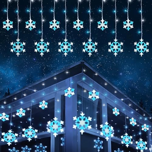 Toodour Christmas Snowflake Lights Outdoor, 17.22ft 264 LED Snowflake Icicle Lights with 22 Drops, Connectable, 8 Modes Waterproof Christmas Light for Eaves, Window, Xmas Decor - White & Ice Blue by Toodour