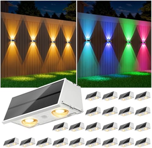 NIORSUN Solar Fence Lights,24 Pack Wall Lights Waterproof,Led Outdoor Lights 3000K/4500K/6000K+ RGB Up & Down Deck Light,Solar Powered Light for Backyard/Pool/Railing/Patio/Porch/Step White by NIORSUN