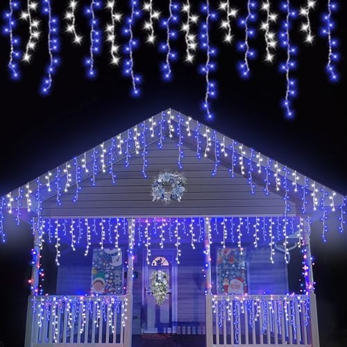 YEGUO 33ft 400 LED Blue and White Icicle Lights Outdoor Waterproof, 80 Drops Icicle String Lights Connectable, 8 Modes Icicle Christmas Lights with Memory Timer by YEGUO