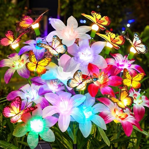 Garpar Solar Flower Lights Outdoor 4 Pack, 16 Lilies and 12 Butterflies by GarparOutdoorSolarLights