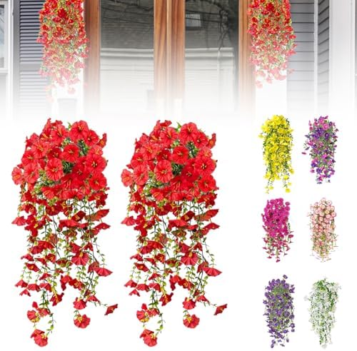Artificial Flowers for Outdoors Fake Morning Glory Hanging Flower Decoration, 2 Pcs Realistic Faux Plants Petunias Trailing Vines, Spring Summer Decor for Porch Patio Balcony Planter Yard(Red) by BloomwithJoy