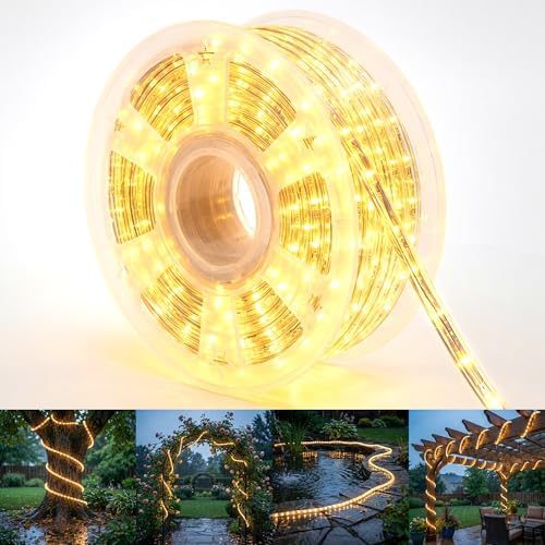 100ft Rope Lights For Outside, Connectable & Flexible Tube Lights with 8 Modes Controller,Waterproof Warm White LED Rope Lighting for Deck,Garden,Pool,Patio, Indoor & Outdoor Landscape Strip Lights by CHORLED