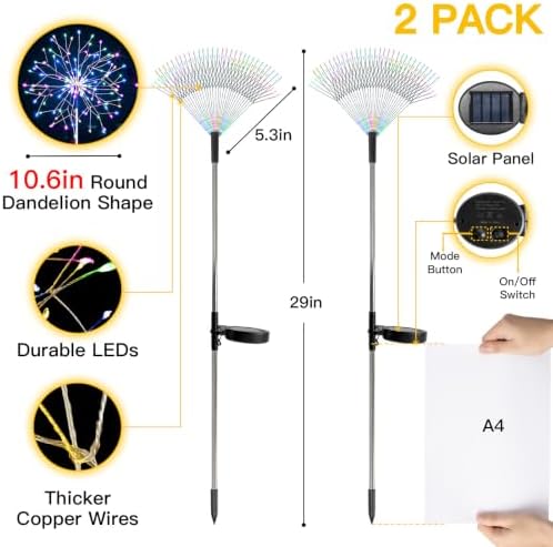 suddus Solar Garden Lights Outdoor 2Pack 150LED Firework Lights Multicolor - Image 3