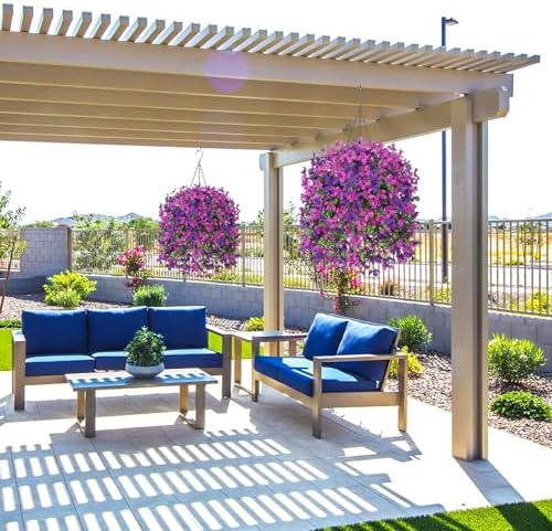 INXUGAO Artificial Hanging Flowers Plants with Basket for Outdoors, Realistic Faux Silk Daisy Flower Eucalyptus for Spring Decor, UV Resistant Fake Plants for Porch Patio Yard Balcony, Violet - Image 6