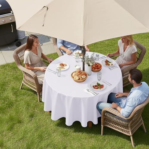 LUSHVIDA Round Outdoor Tablecloth with Umbrella Hole 90 Inch White - Image 2